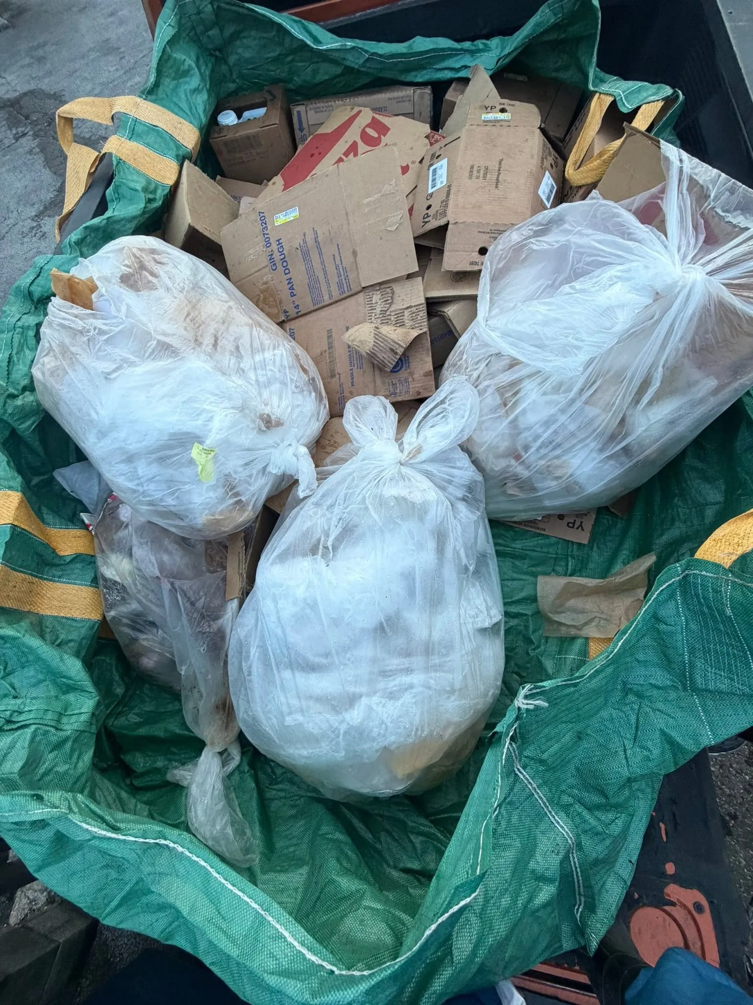 Bagged trash and flattened cardboard boxes inside a green dump bag